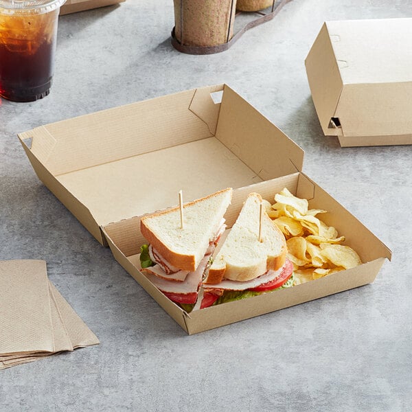A sandwich and chips in a Sabert rectangular paper take-out box.