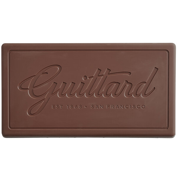 A brown Guittard rectangular chocolate bar with the word "Guittard" on it.