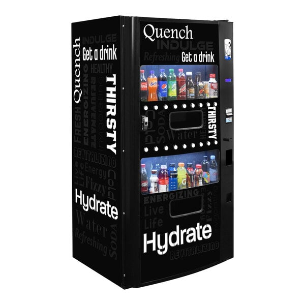 A Seaga refrigerated vending machine with drinks and the words "hydrate" and "quench" on it.