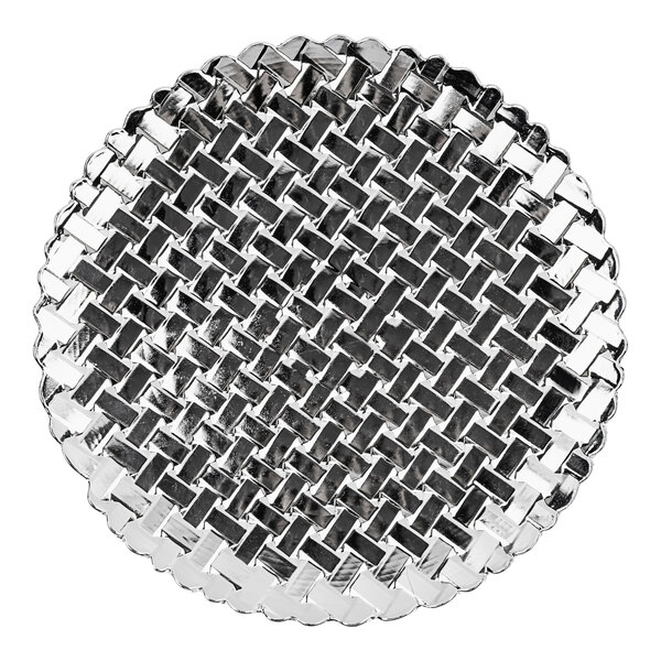 A close-up of an American Atelier silver plastic charger plate with a woven pattern.