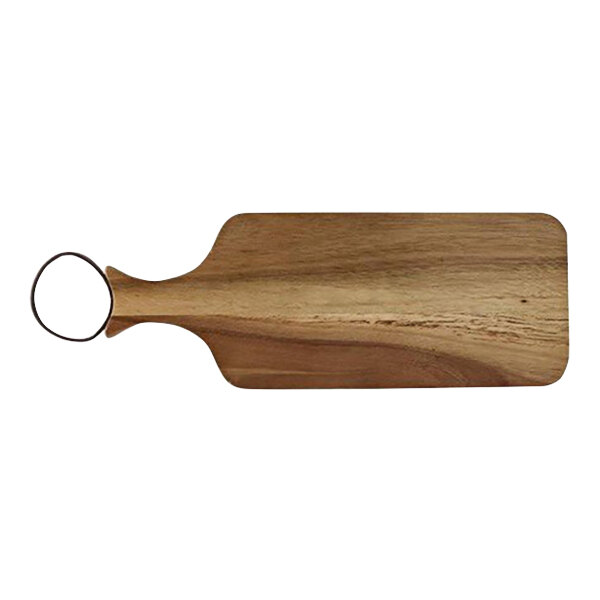An American Atelier rectangular acacia wood cutting and serving board with a wood handle.