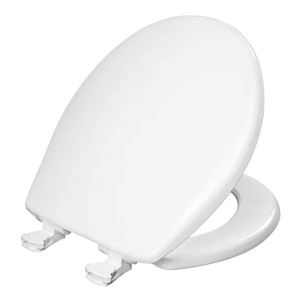 A white Bemis round plastic toilet seat with a lid.