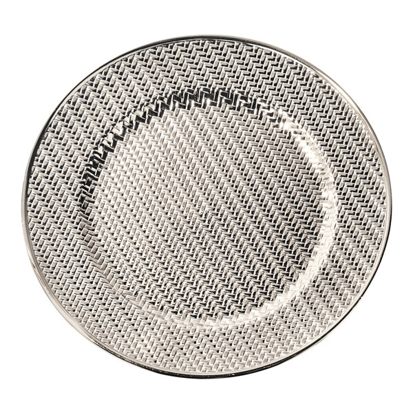 A close-up of a silver American Atelier Aubrey charger plate with a pattern on it.
