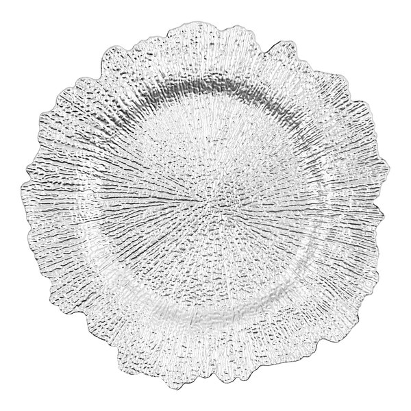 A close-up of an American Atelier silver charger plate with a circular design.