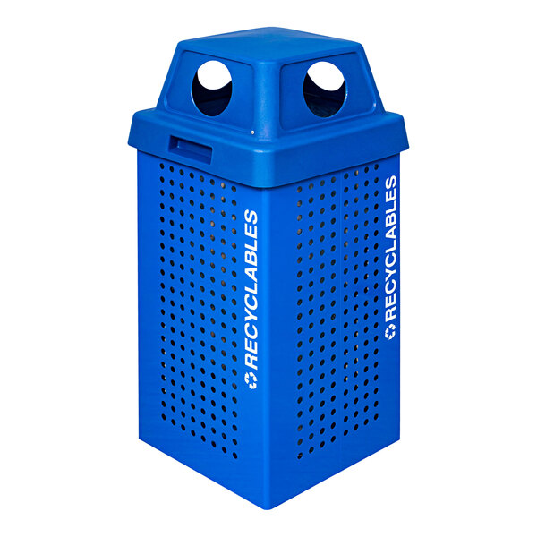 A blue Ex-Cell Kaiser recycling receptacle with holes and white text.