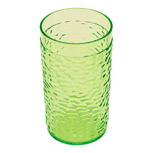 A green plastic tumbler with a textured pattern.