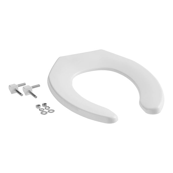 A Bemis white elongated plastic toilet seat with hardware.