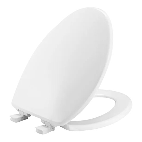 A close up of a white Bemis elongated toilet seat with a white lid up.