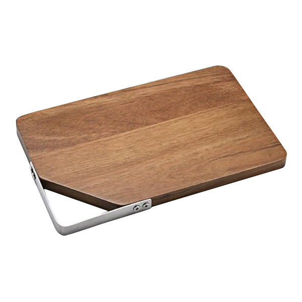 An American Atelier rectangular acacia wood cutting board with a metal handle.