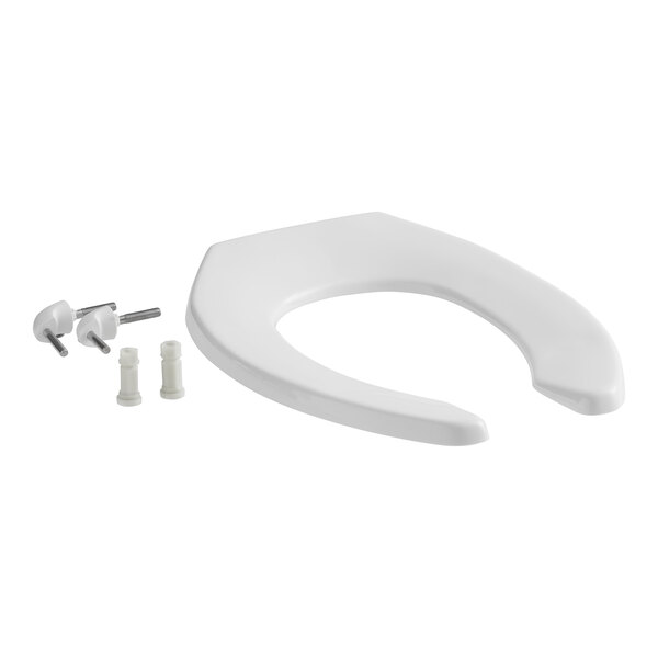 A white Bemis elongated toilet seat with screws.