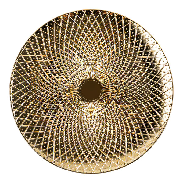 An American Atelier circular gold plastic charger plate with a pattern.