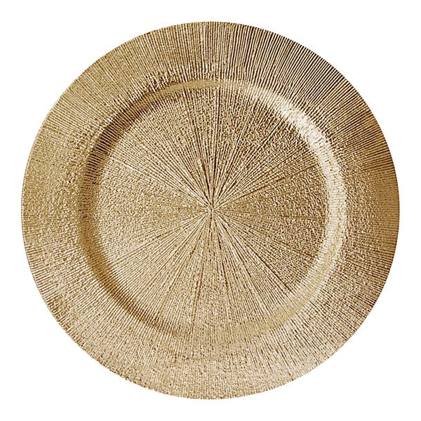 An American Atelier Vienna gold plastic charger plate with a circular design.