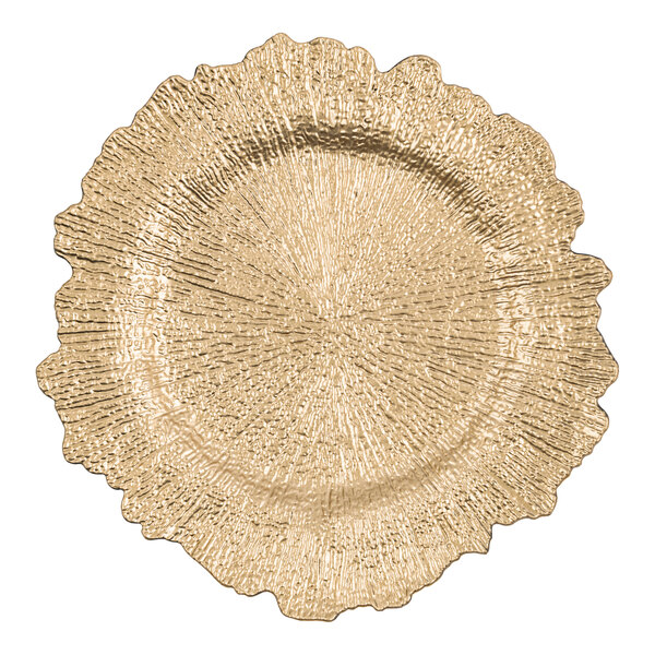 An American Atelier gold plastic charger plate with a circular and scalloped design.