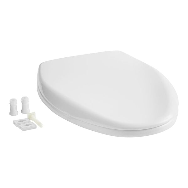 A white Bemis elongated toilet seat with a white cover and accessories.