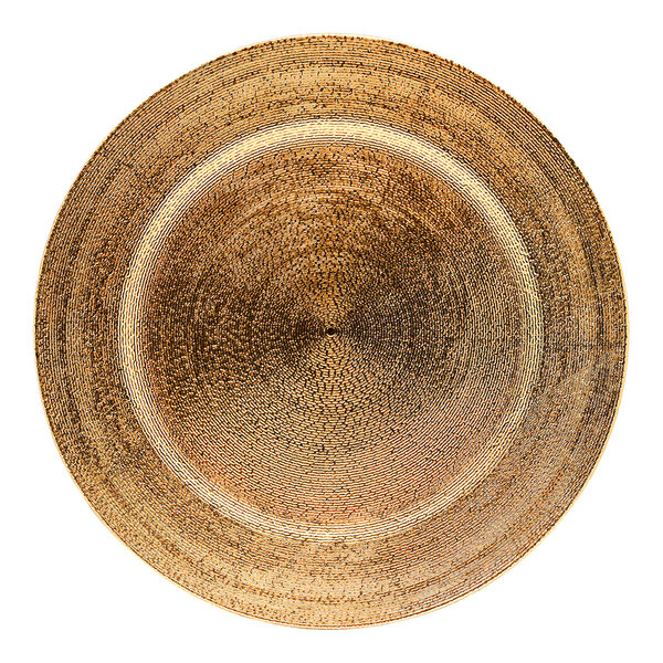 A close-up of an American Atelier round gold charger plate with a brown rim.