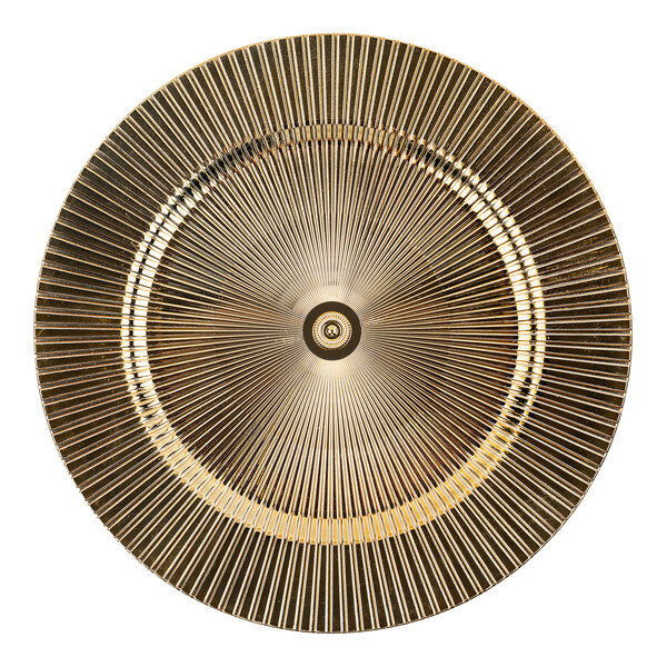 A close up of an American Atelier gold plastic charger plate with lines in a spiral design.
