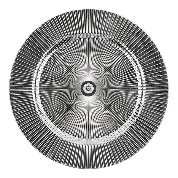 A circular silver American Atelier charger plate with a circular pattern.