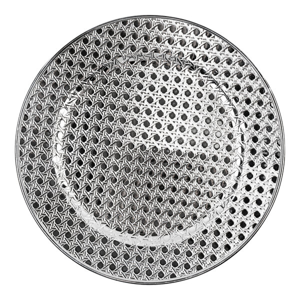 An American Atelier silver plastic charger plate with a pattern on it.