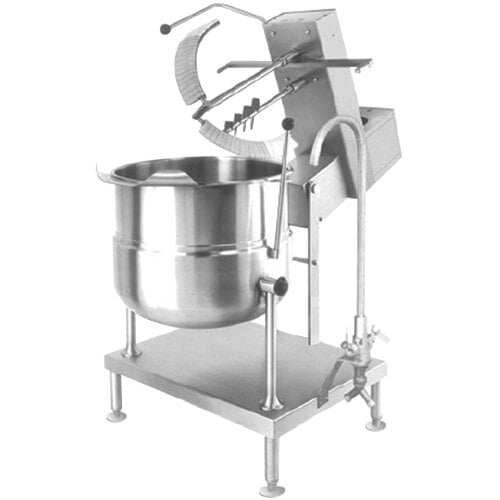 A Cleveland 20 gallon steam jacketed mixer kettle with a large metal mixer.