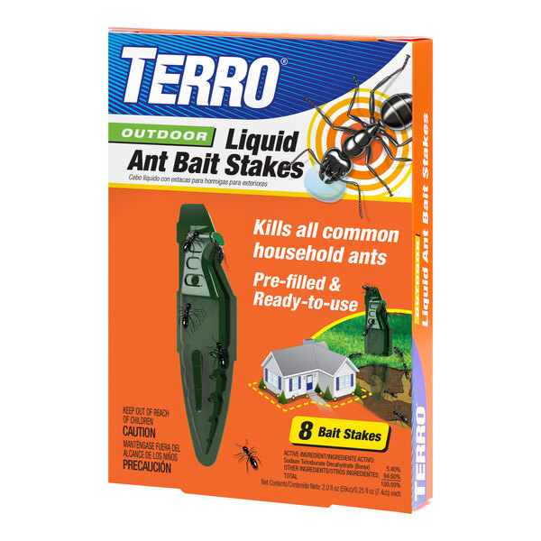 A box of Terro outdoor liquid ant bait stakes on a table.