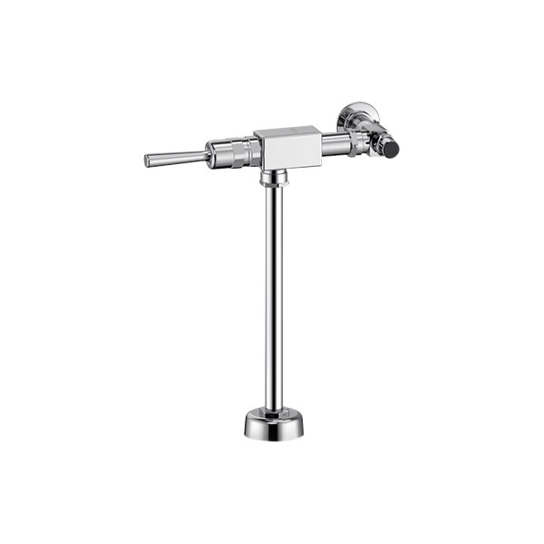 A Delta chrome plated exposed metering flush valve with a handle.