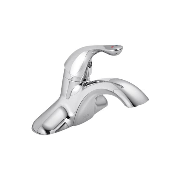 A close-up of a silver Delta single lever faucet.