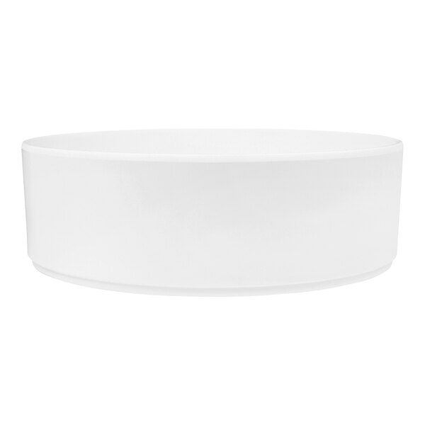 A close-up of a white Cal-Mil Hudson raised rim melamine bowl.