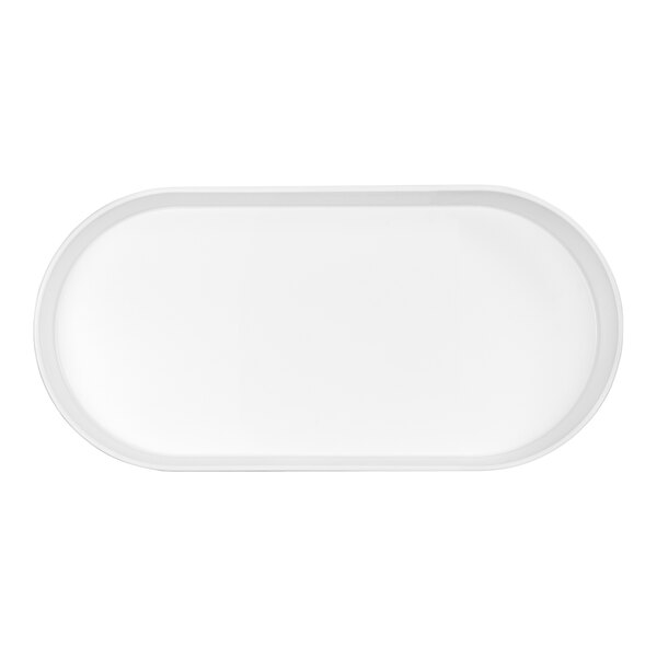 A white oval raised rim melamine bowl.