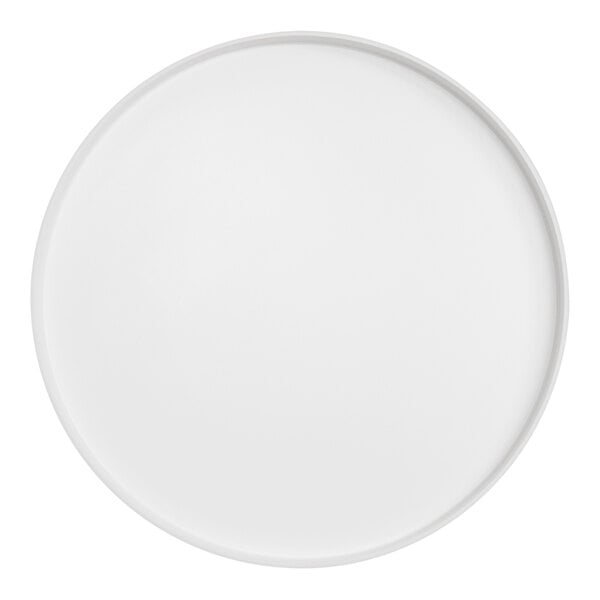 A white Cal-Mil melamine platter with a raised circle rim.