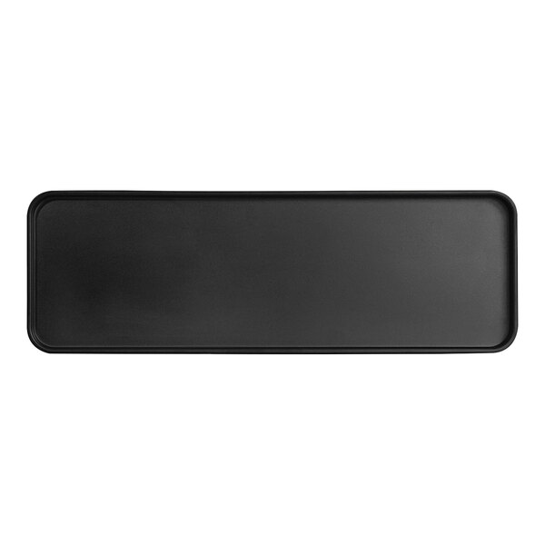 A black rectangular Cal-Mil melamine tray with raised edges.