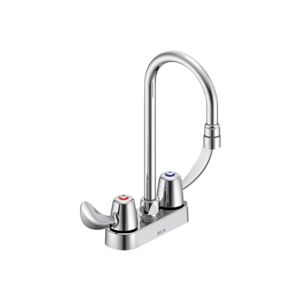 A silver Delta deck mount faucet with hooded blade handles.