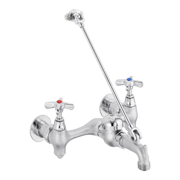 A silver Delta Faucet wall mount mop sink faucet with dual cross-style handles.
