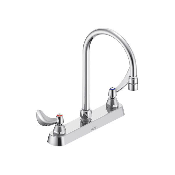 A chrome Delta deck-mount faucet with curved spouts and two vandal-resistant blade handles.