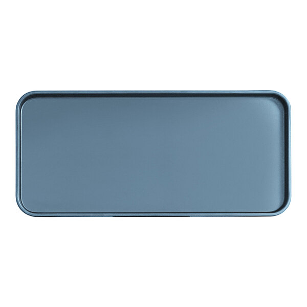 A rectangular blue tray with a black rim.