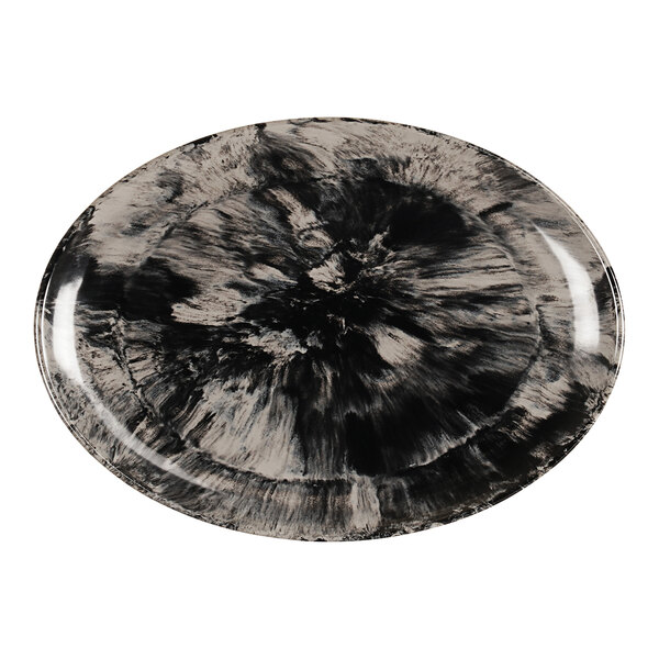 A black and ivory oval melamine platter with a black and ivory swirl design.