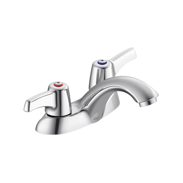 A Delta chrome deck-mount lavatory faucet with hooded lever handles.