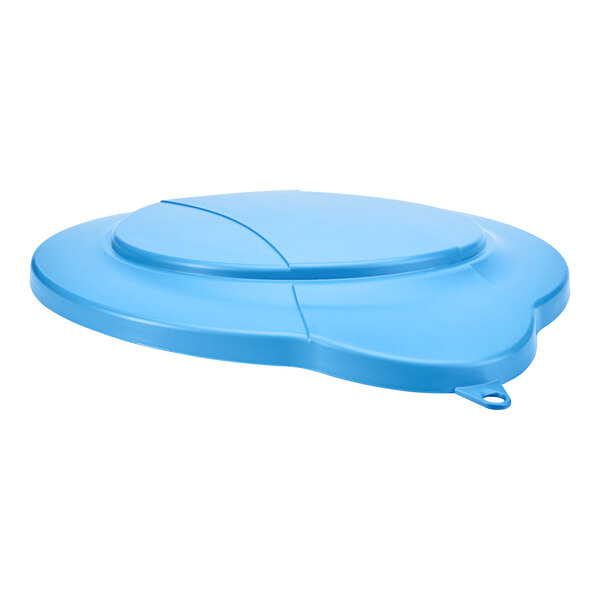 A blue plastic Vikan lid with a handle and a hole in the center.