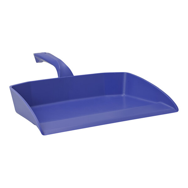 A purple plastic dustpan with a long handle.