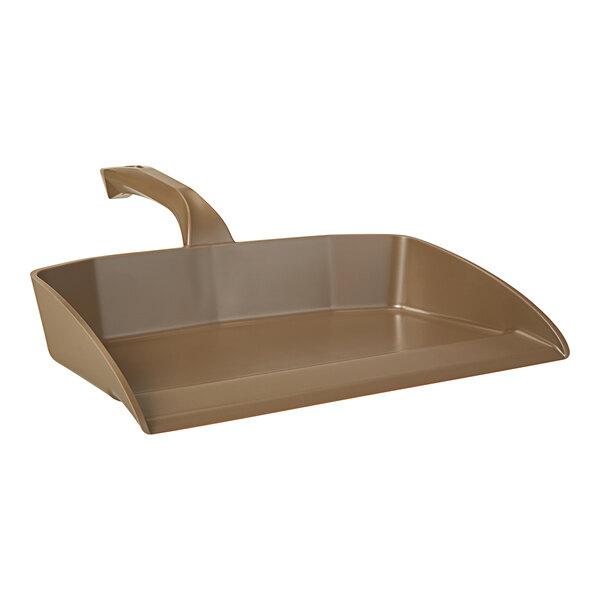 A brown plastic dustpan with a handle.