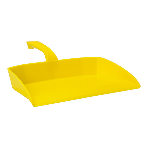 A yellow plastic dustpan with a handle.