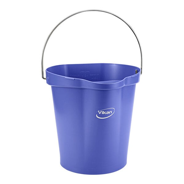 A purple Vikan hygiene bucket with a handle.
