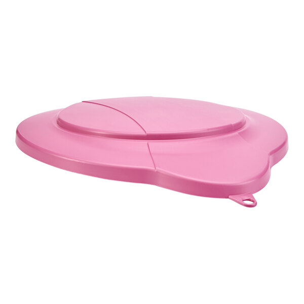 A pink plastic Vikan lid with a curved edge and a handle.