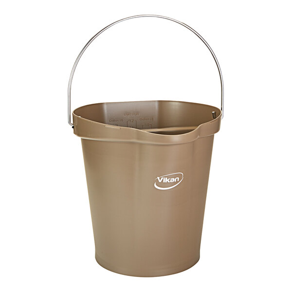A brown plastic bucket with a handle.