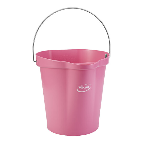 A pink Vikan hygiene bucket with a handle.