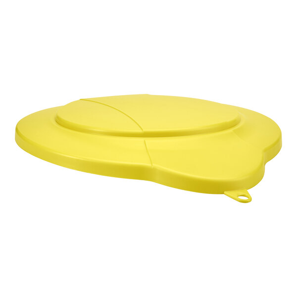 A yellow plastic lid with a hole for a Vikan 3 gallon hygiene bucket.
