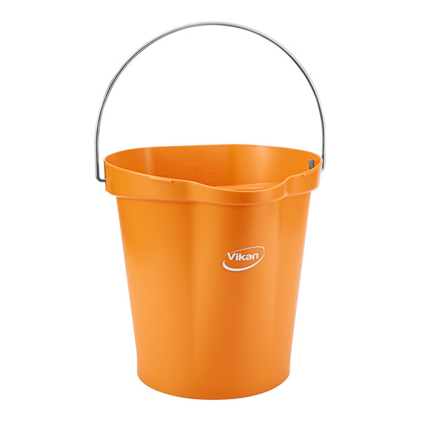An orange Vikan hygiene bucket with a handle.