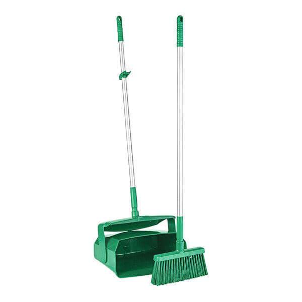 A green Remco lobby broom and dustpan set.