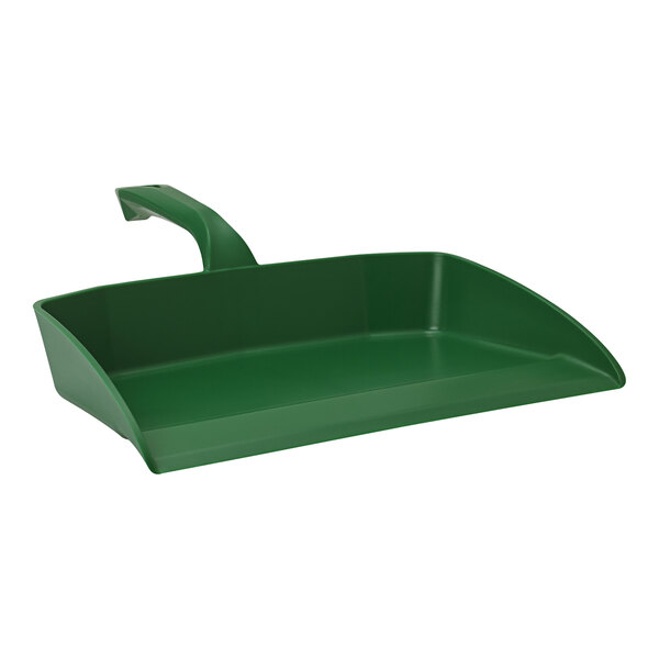 A green plastic Vikan dustpan with a handle.