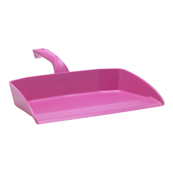 A pink plastic Vikan dustpan with a handle.