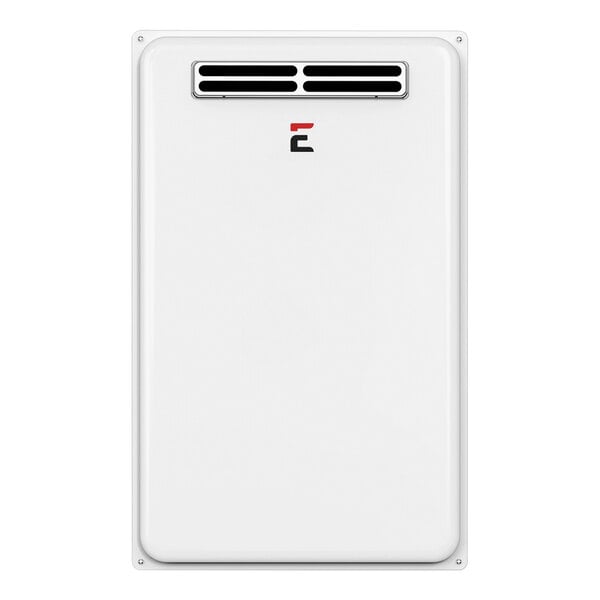 A white rectangular Eccotemp natural gas tankless water heater with a logo on it.
